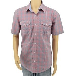 Johnston & Murphy Mens L Slim Fit Seersucker Red White‎ Blue Gingham Plaid Shirt
